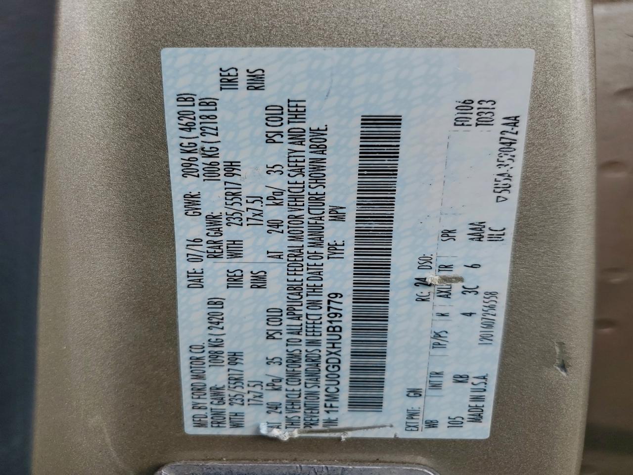 2017 Ford Escape Se VIN: 1FMCU0GDXHUB19779 Lot: 94060525