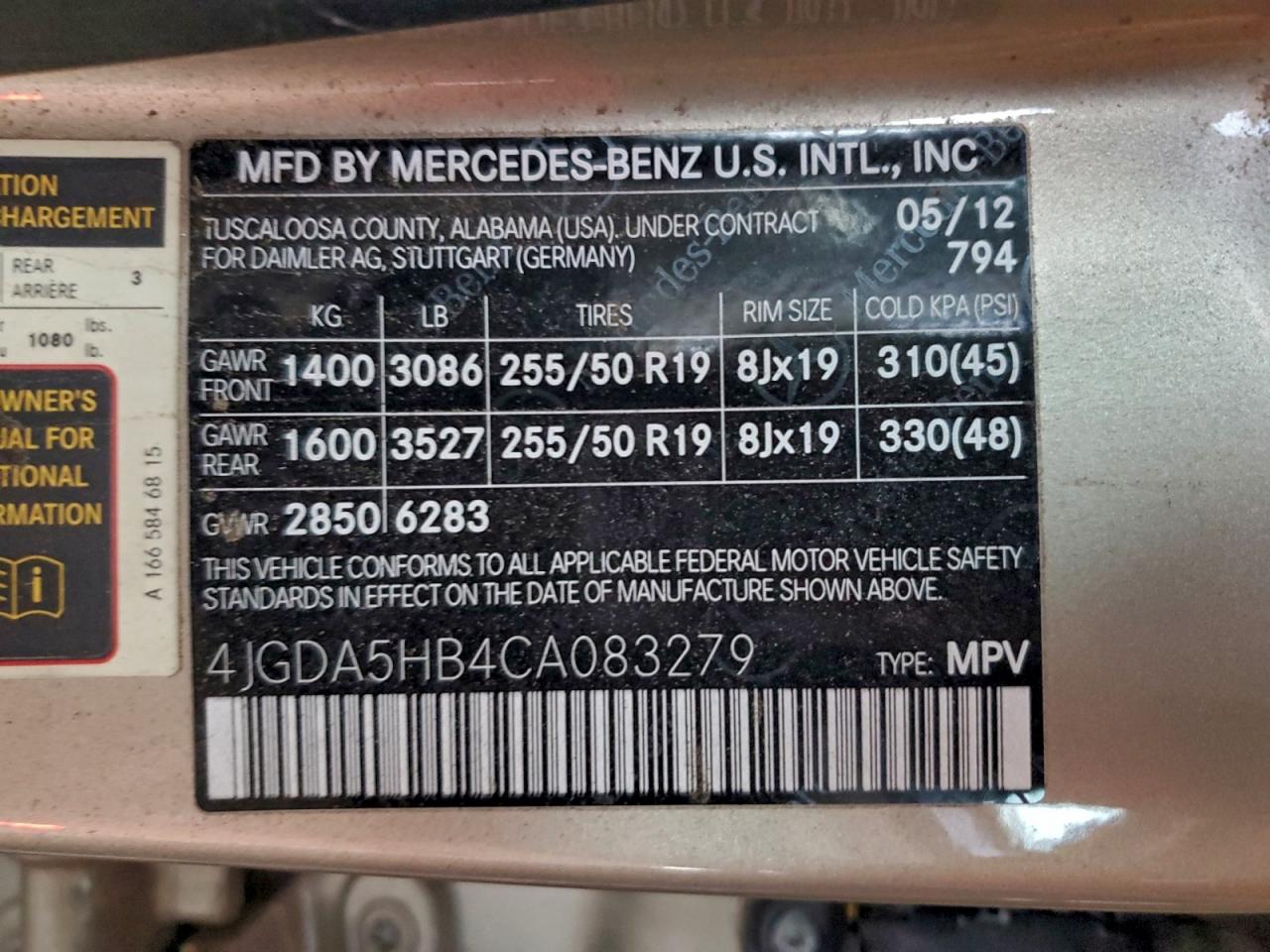 2012 Mercedes-Benz Ml 350 4Matic VIN: 4JGDA5HB4CA083279 Lot: 96190675