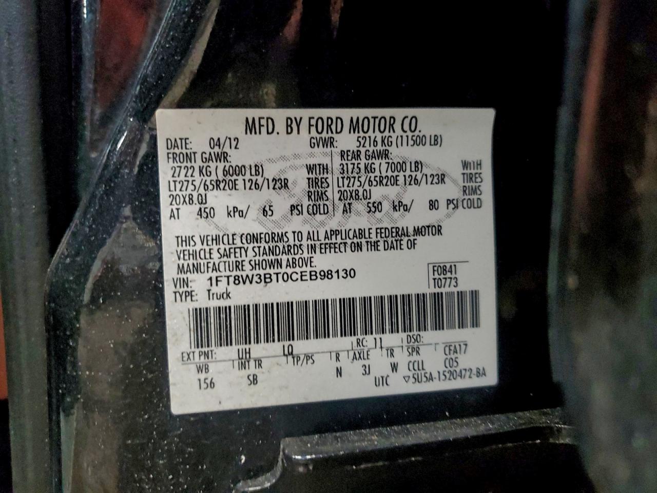 2012 Ford F350 Super Duty VIN: 1FT8W3BT0CEB98130 Lot: 95447485