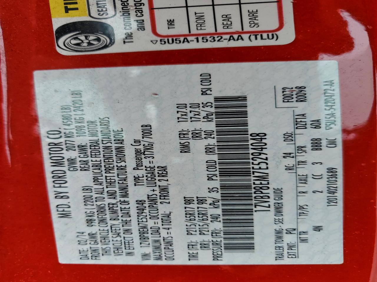 2014 Ford Mustang VIN: 1ZVBP8EM7E5294048 Lot: 96315005