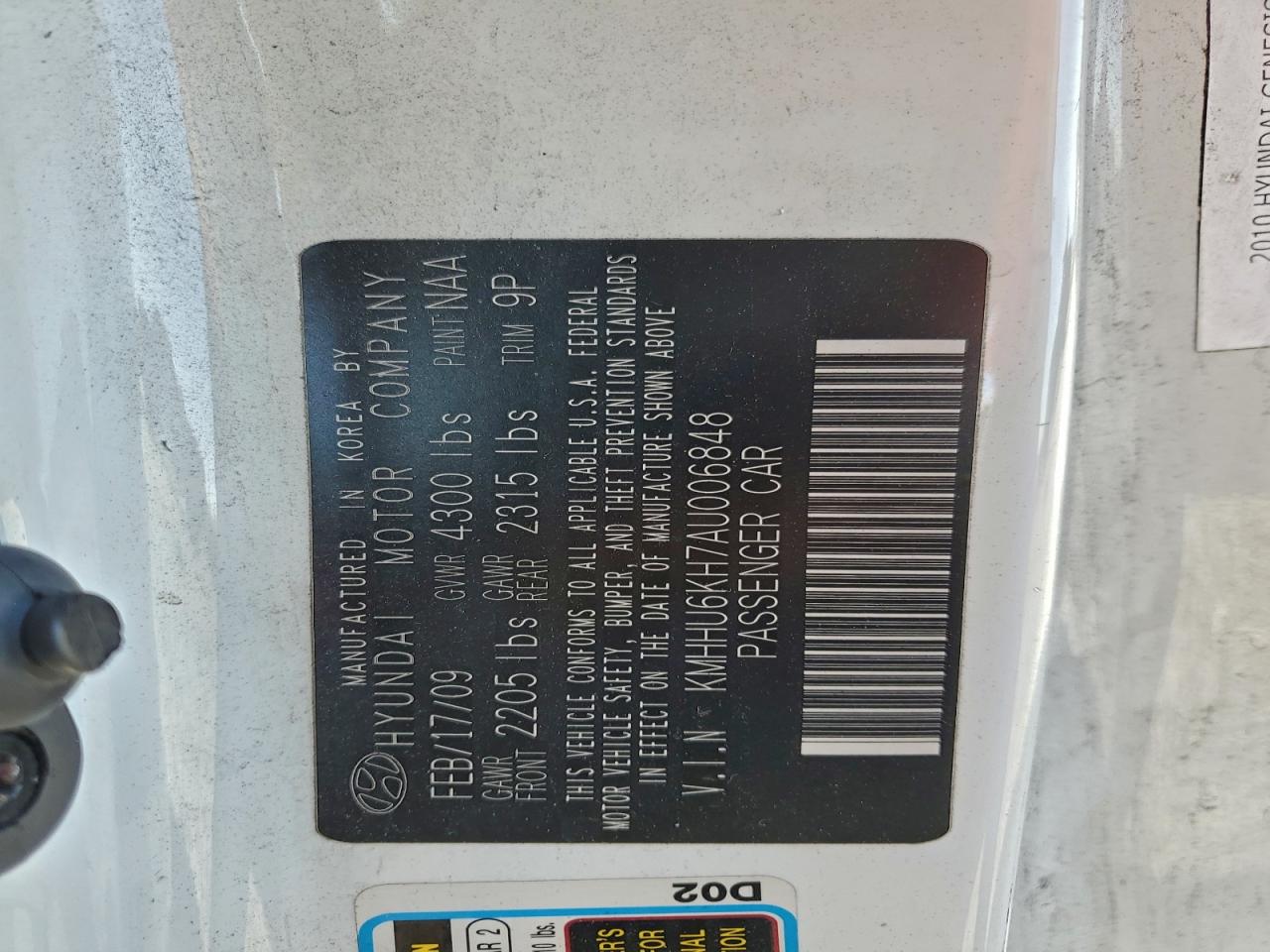 2010 Hyundai Genesis Coupe 3.8L VIN: KMHHU6KH7AU006848 Lot: 96496455