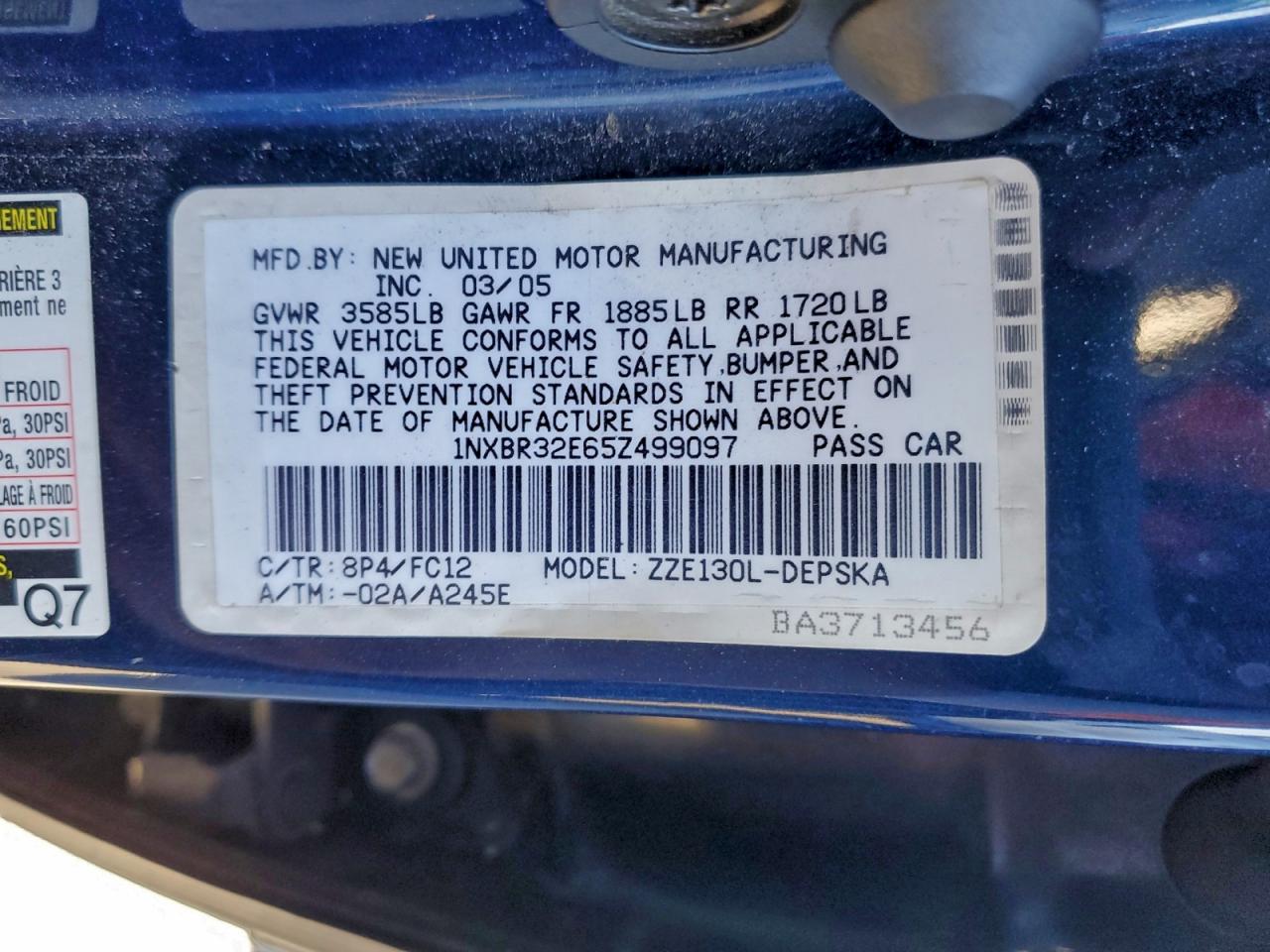 2005 Toyota Corolla Ce VIN: 1NXBR32E65Z499097 Lot: 96089465