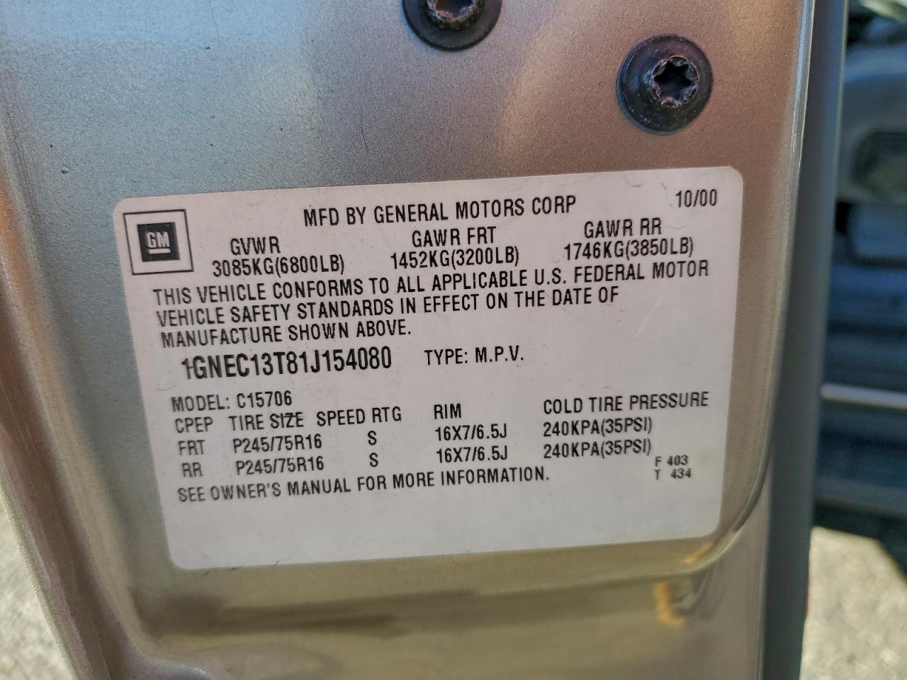 2001 Chevrolet Tahoe C1500 VIN: 1GNEC13T81J154080 Lot: 94803305