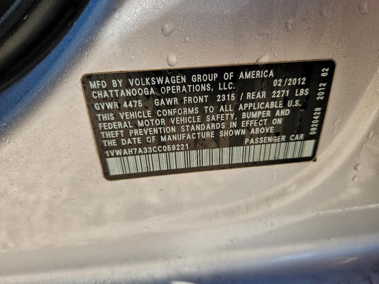 2012 Volkswagen Passat S VIN: 1VWAH7A33CC059221 Lot: 96576645