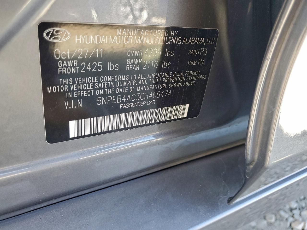 2012 Hyundai Sonata Gls VIN: 5NPEB4AC3CH406474 Lot: 94682135