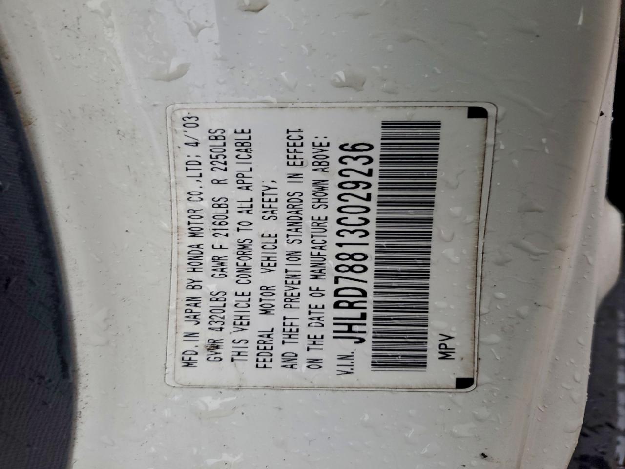 2003 Honda Cr-V Ex VIN: JHLRD78813C029236 Lot: 95315605