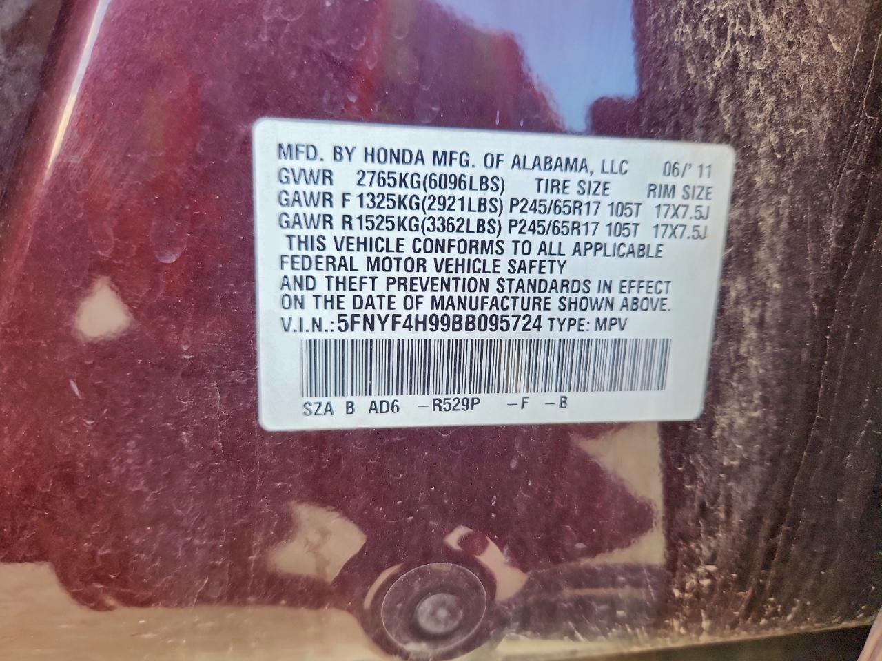 2011 Honda Pilot Touring VIN: 5FNYF4H99BB095724 Lot: 96252135