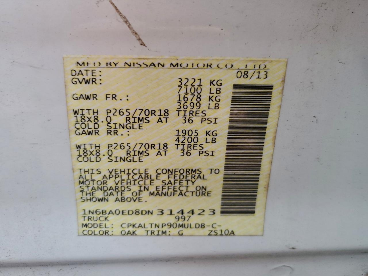 2013 Nissan Titan S VIN: 1N6BA0ED8DN314423 Lot: 94276215