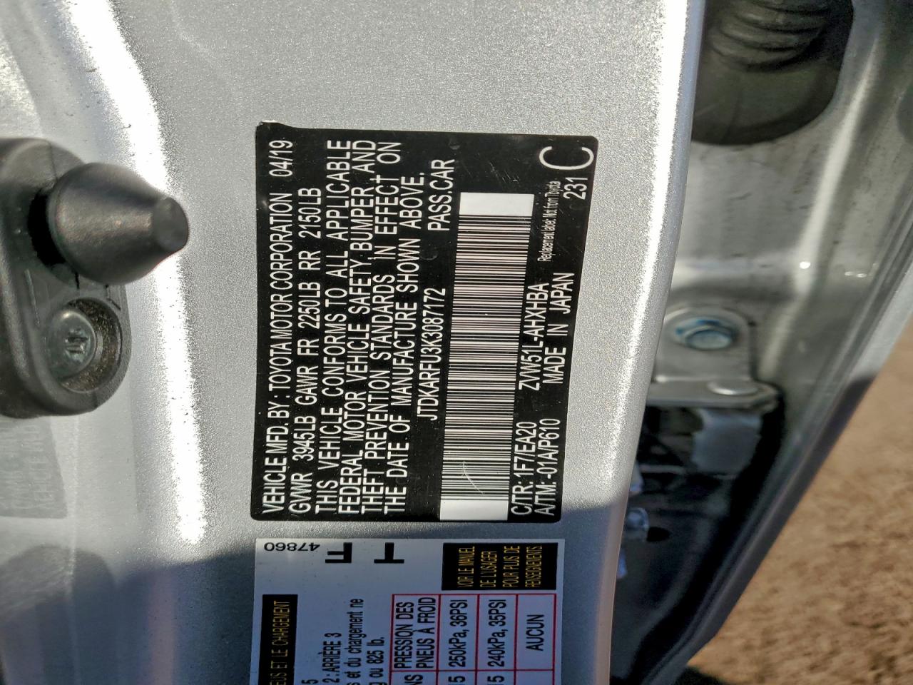 2019 Toyota Prius VIN: JTDKARFU3K3087172 Lot: 95909255