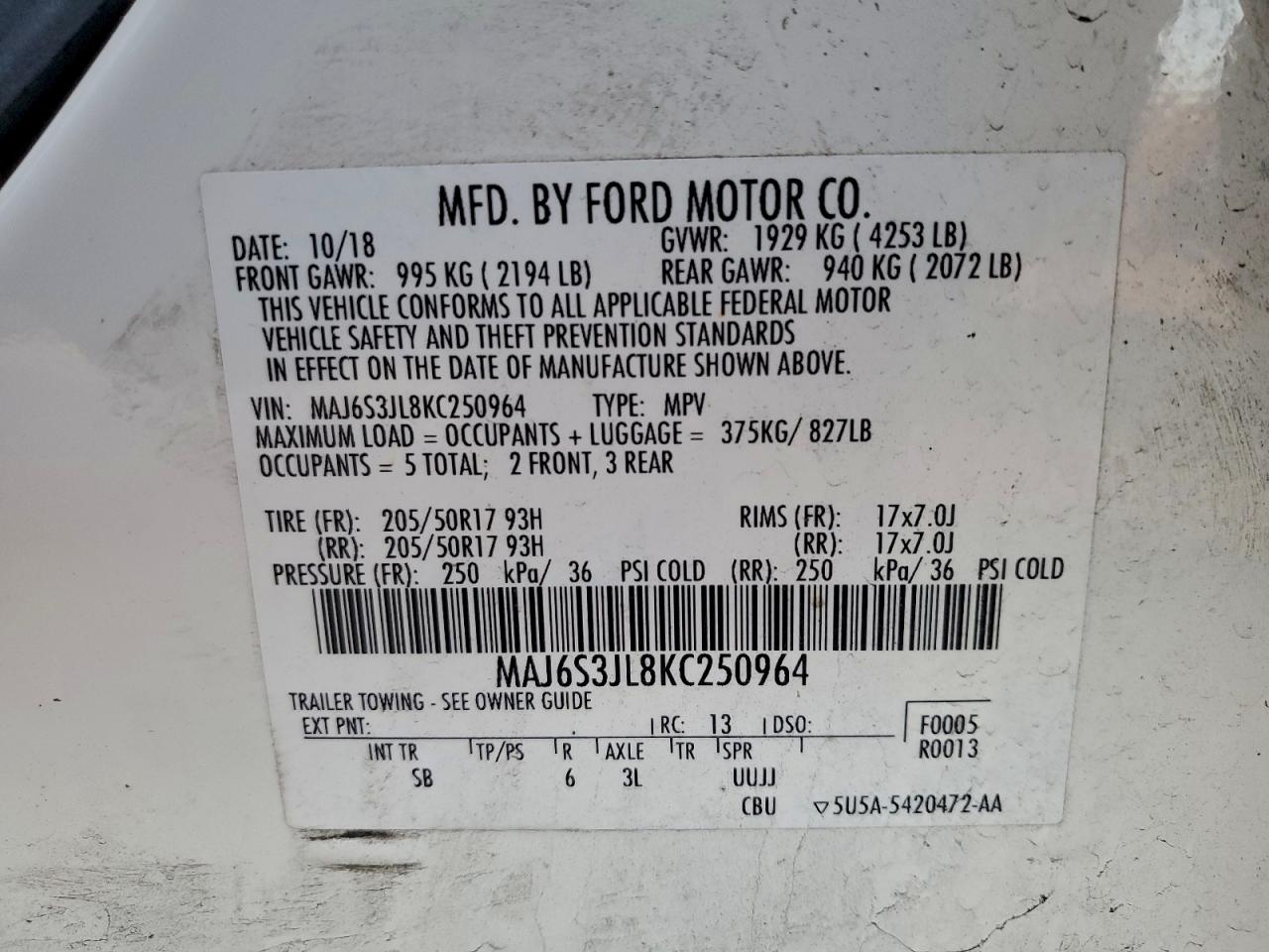 2019 Ford Ecosport Ses VIN: MAJ6S3JL8KC250964 Lot: 95091115