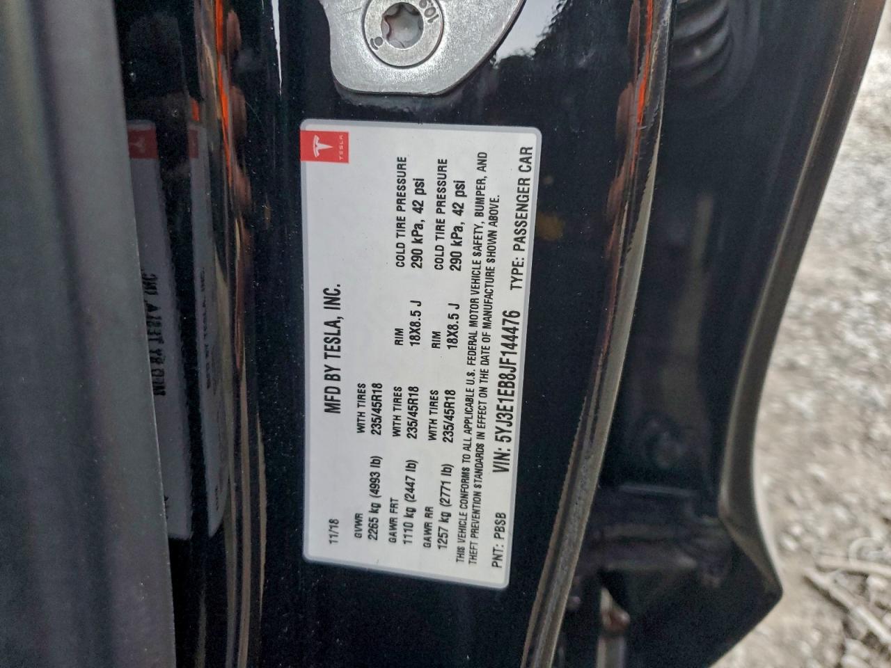 2018 Tesla Model 3 VIN: 5YJ3E1EB8JF144476 Lot: 95514575