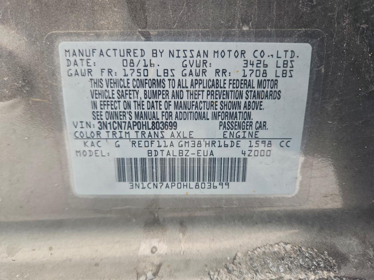 2017 Nissan Versa S VIN: 3N1CN7AP0HL803699 Lot: 96763265