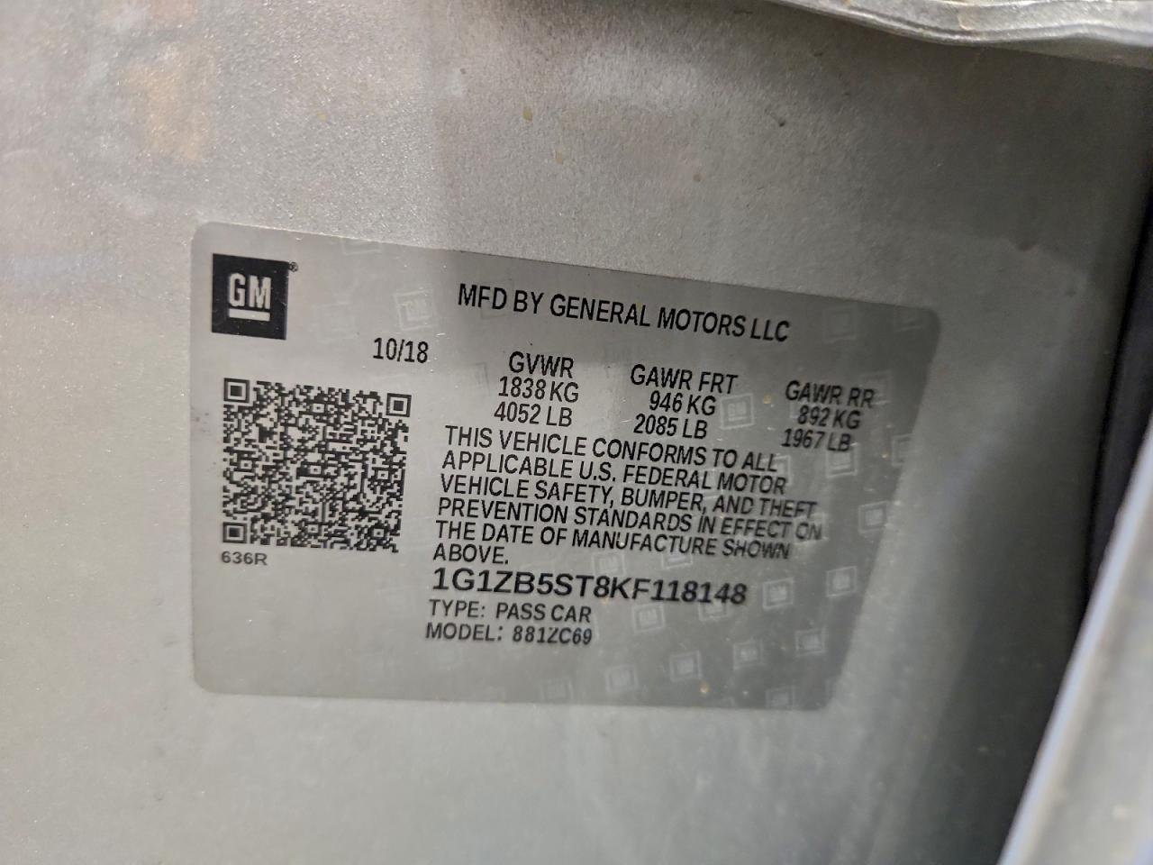 2019 Chevrolet Malibu Ls VIN: 1G1ZB5ST8KF118148 Lot: 95401175