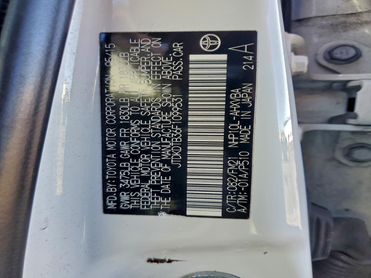 2015 Toyota Prius C VIN: JTDKDTB36F1099531 Lot: 94718235