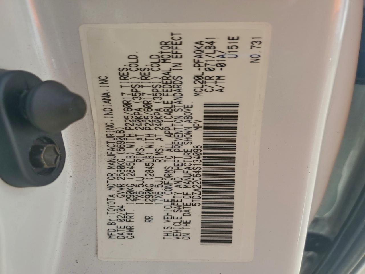 2004 Toyota Sienna Xle VIN: 5TDZA22C64S134098 Lot: 95313335