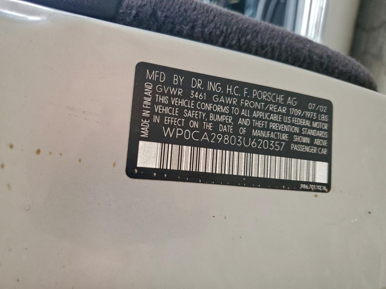 2003 Porsche Boxster VIN: WP0CA29803U620357 Lot: 95801745