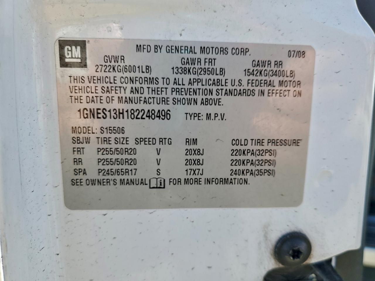 2008 Chevrolet Trailblazer Ss VIN: 1GNES13H182248496 Lot: 95994985