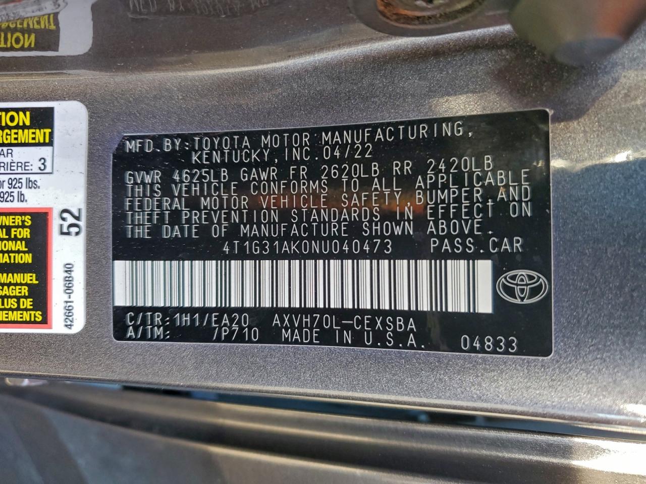 2022 Toyota Camry Night Shade VIN: 4T1G31AK0NU040473 Lot: 95203535