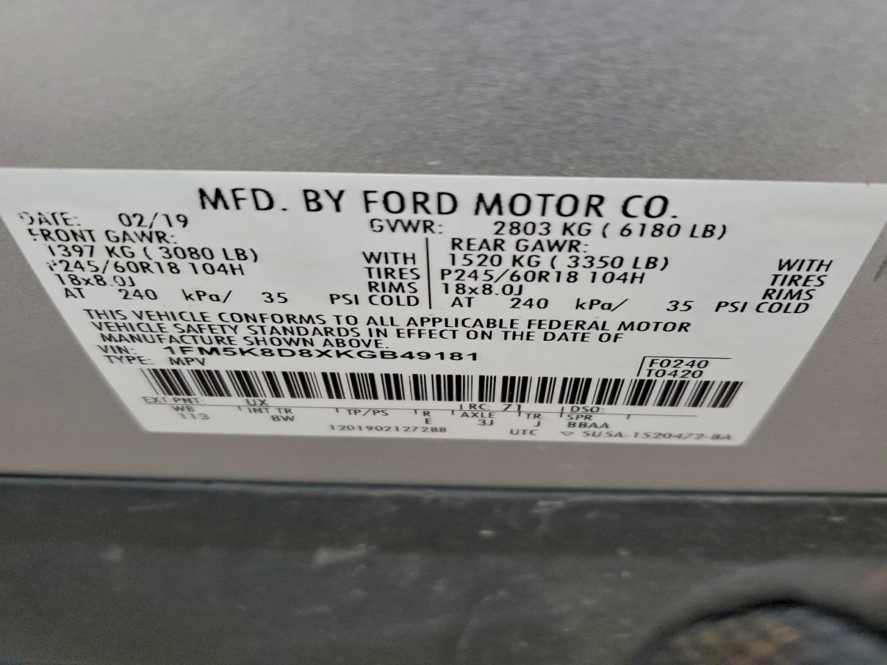 2019 Ford Explorer Xlt VIN: 1FM5K8D8XKGB49181 Lot: 95991055