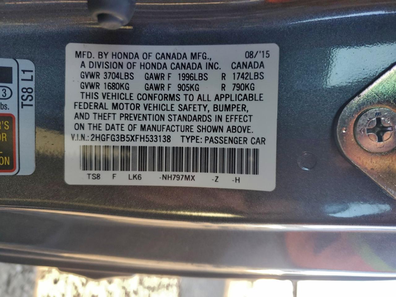 2015 Honda Civic Lx VIN: 2HGFG3B5XFH533138 Lot: 95309055