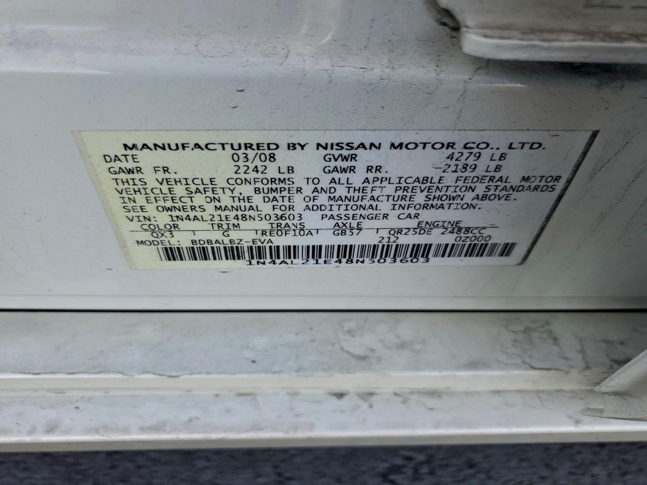 2008 Nissan Altima 2.5 VIN: 1N4AL21E48N503603 Lot: 94831495