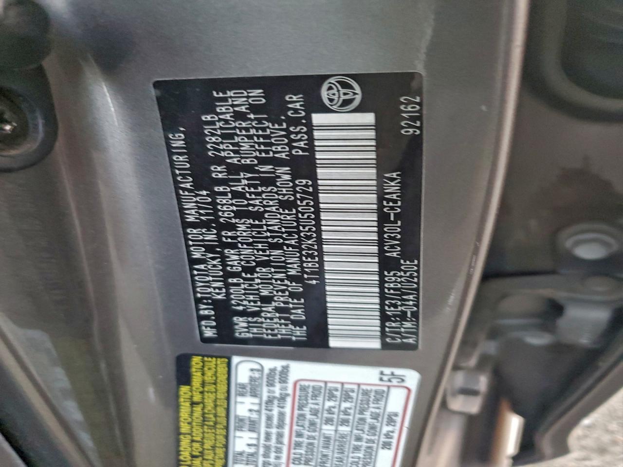 2005 Toyota Camry Le VIN: 4T1BE32K35U505729 Lot: 94854045