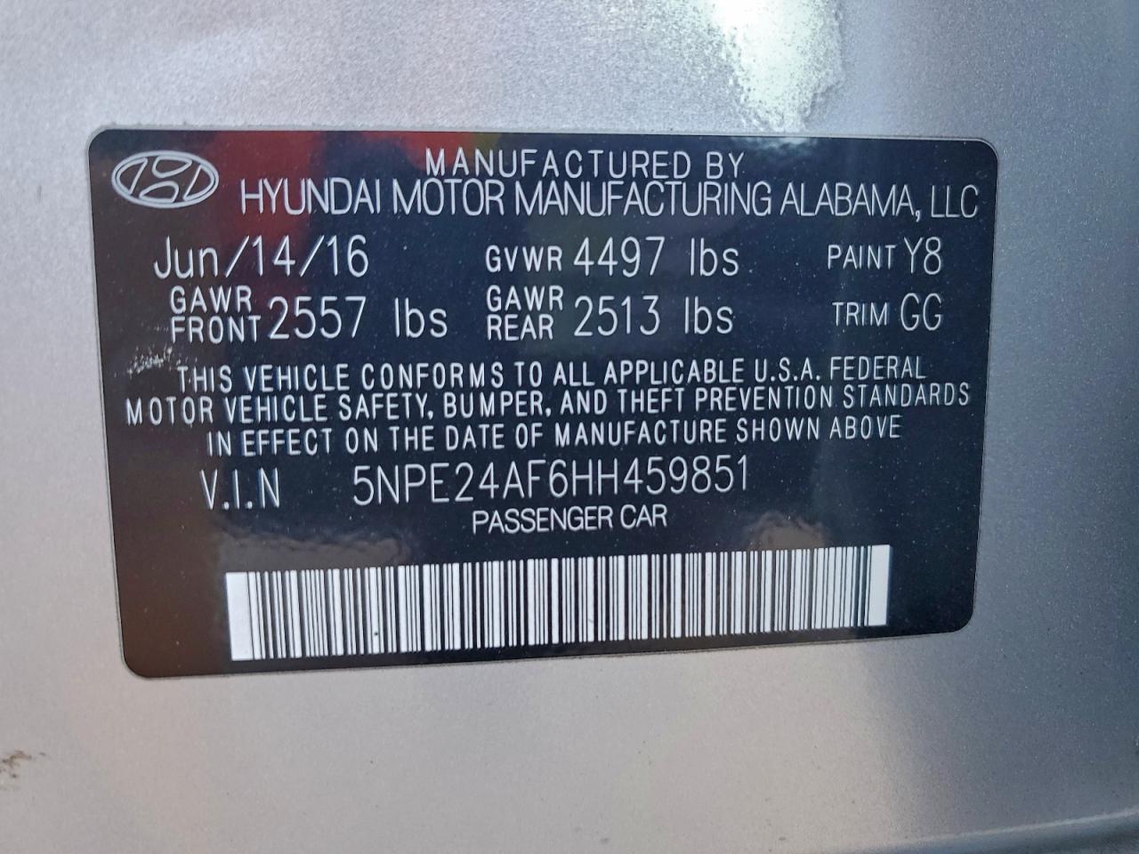 2017 Hyundai Sonata Se VIN: 5NPE24AF6HH459851 Lot: 96928255