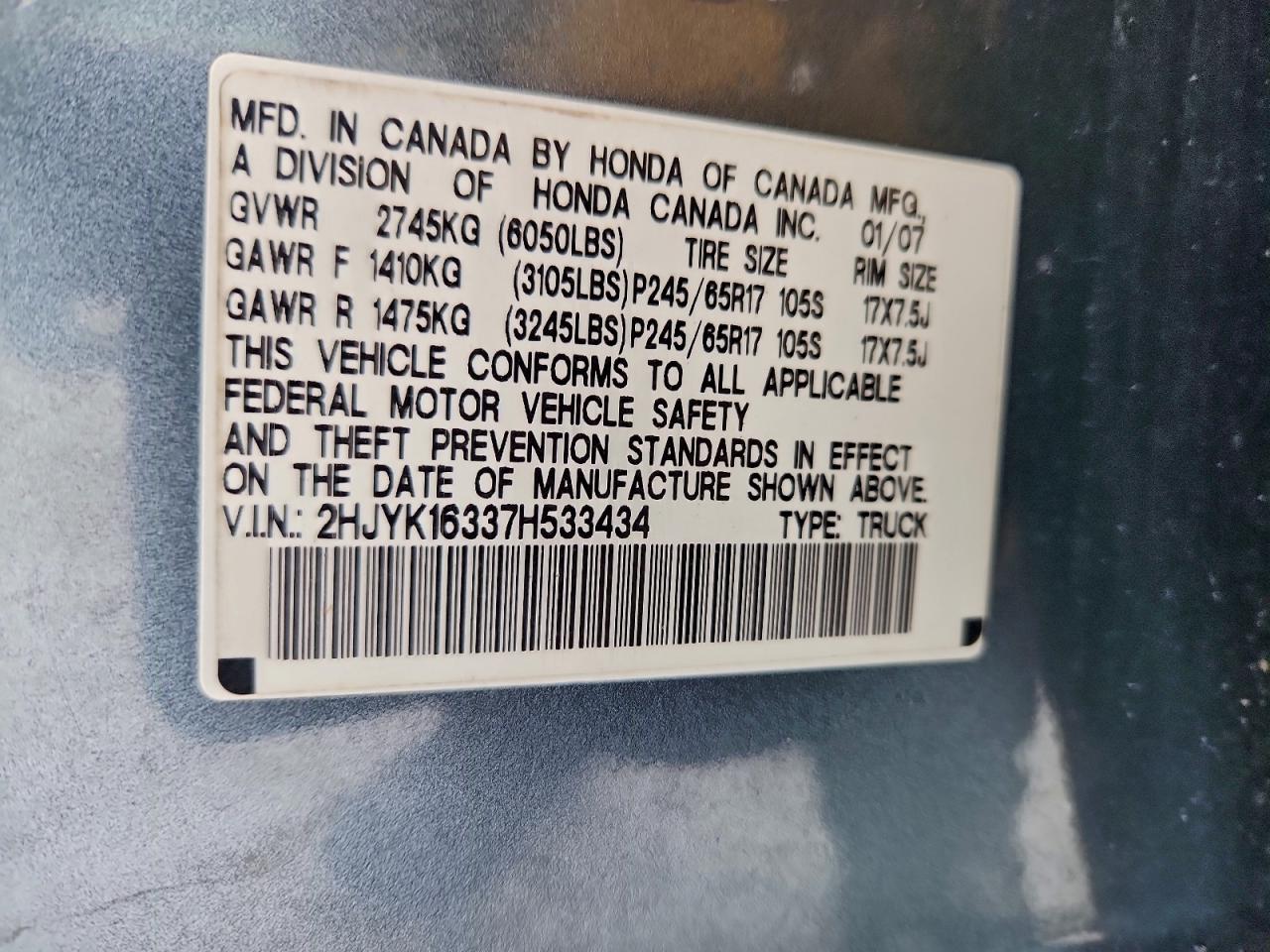 2007 Honda Ridgeline Rtx VIN: 2HJYK16337H533434 Lot: 95296605