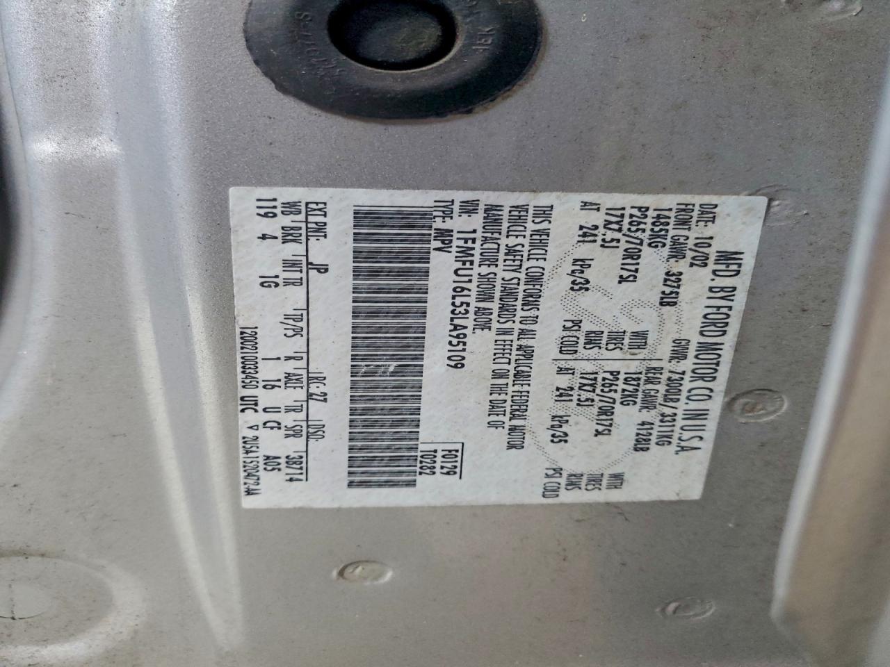 2003 Ford Expedition Xlt VIN: 1FMFU16L53LA95109 Lot: 95307155