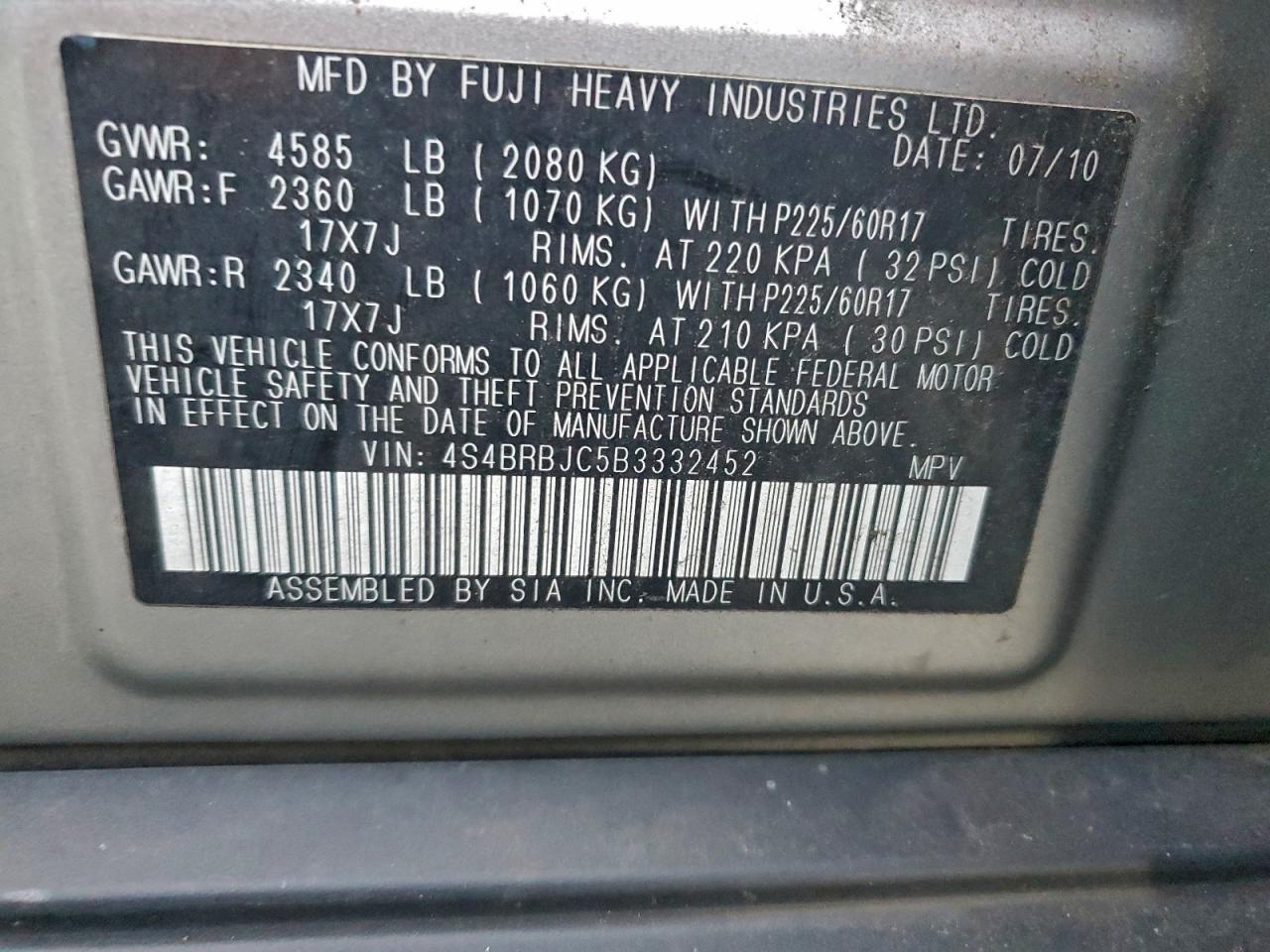 2011 Subaru Outback 2.5I Limited VIN: 4S4BRBJC5B3332452 Lot: 94917635