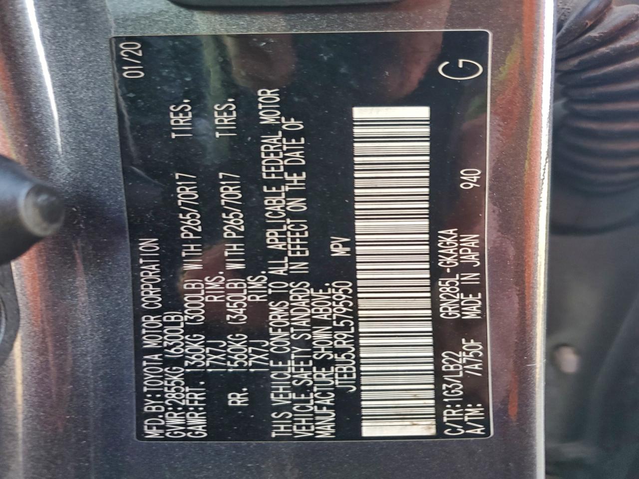 2020 Toyota 4Runner Sr5/Sr5 Premium VIN: JTEBU5JR9L5795950 Lot: 94797955