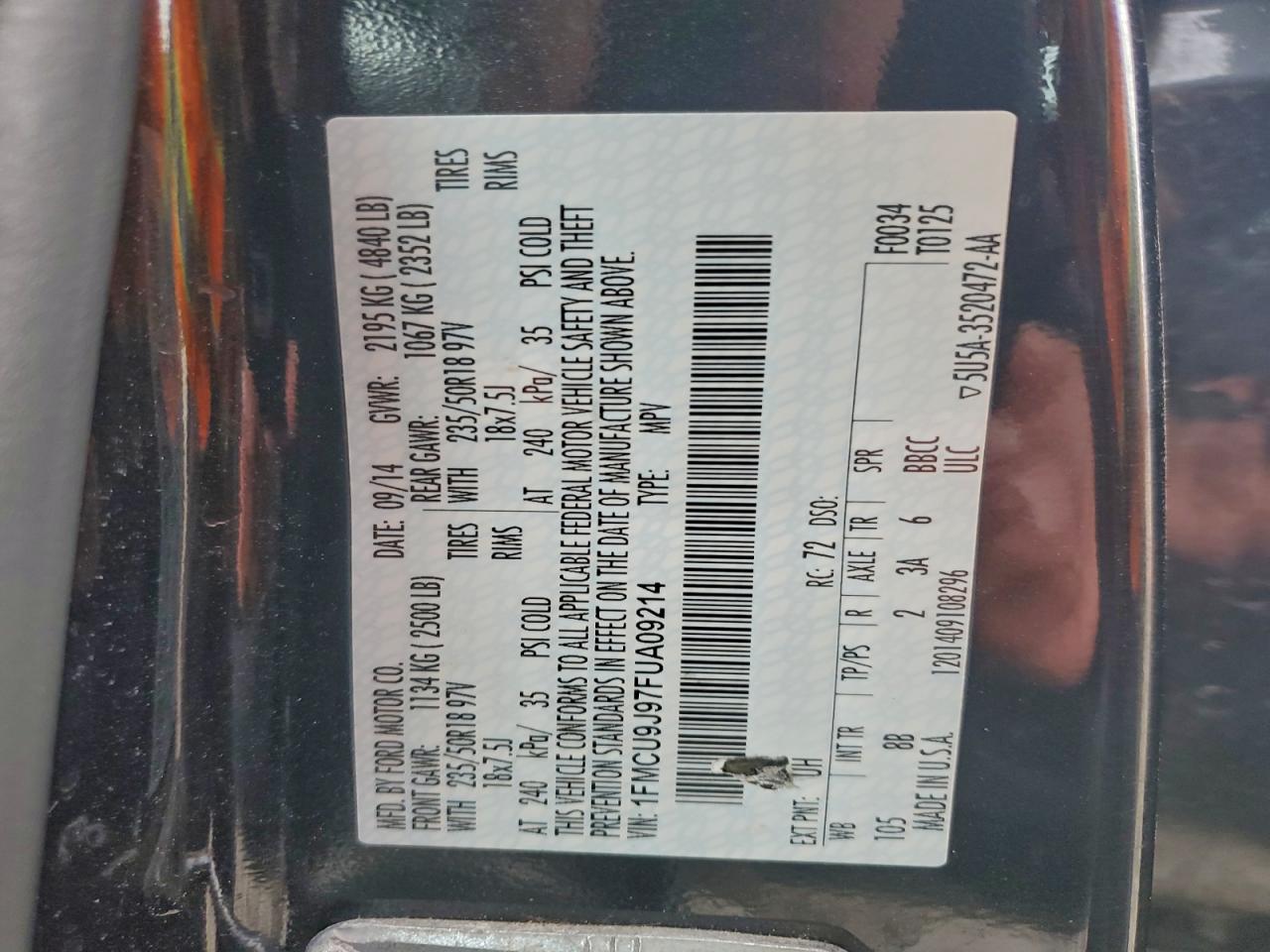 2015 Ford Escape Titanium VIN: 1FMCU9J97FUA09214 Lot: 95205245