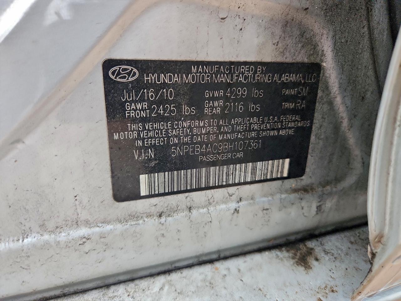 2011 Hyundai Sonata Gls VIN: 5NPEB4AC9BH107361 Lot: 95671035