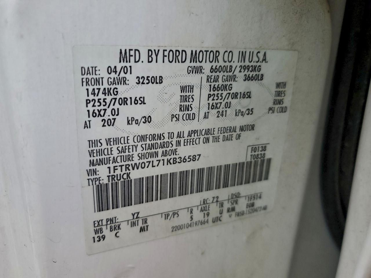 2001 Ford F150 Supercrew VIN: 1FTRW07L71KB36587 Lot: 96418335