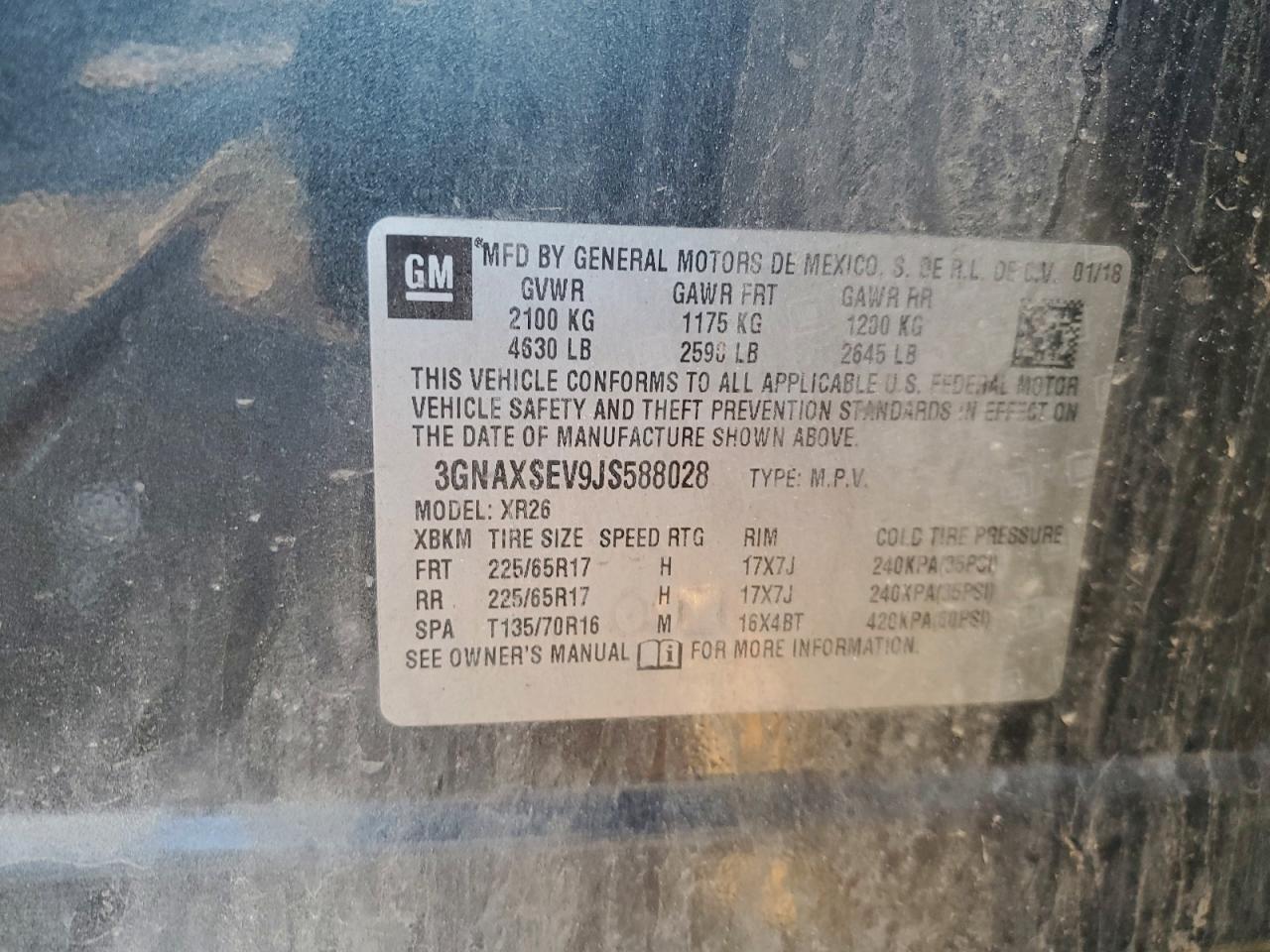 2018 Chevrolet Equinox Lt VIN: 3GNAXSEV9JS588028 Lot: 95712495