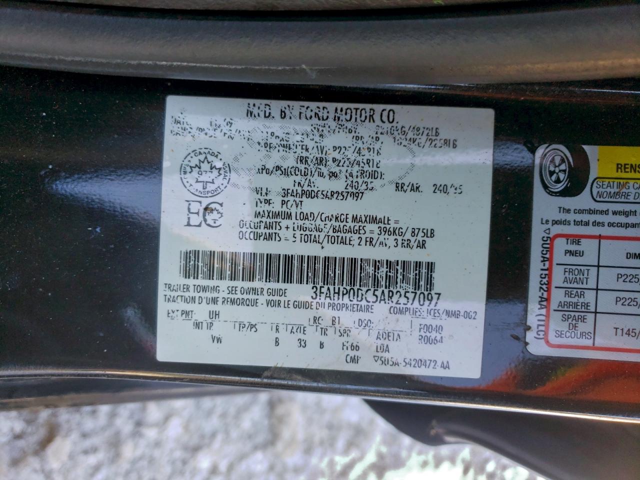 2010 Ford Fusion Sport VIN: 3FAHP0DC5AR257097 Lot: 93969625