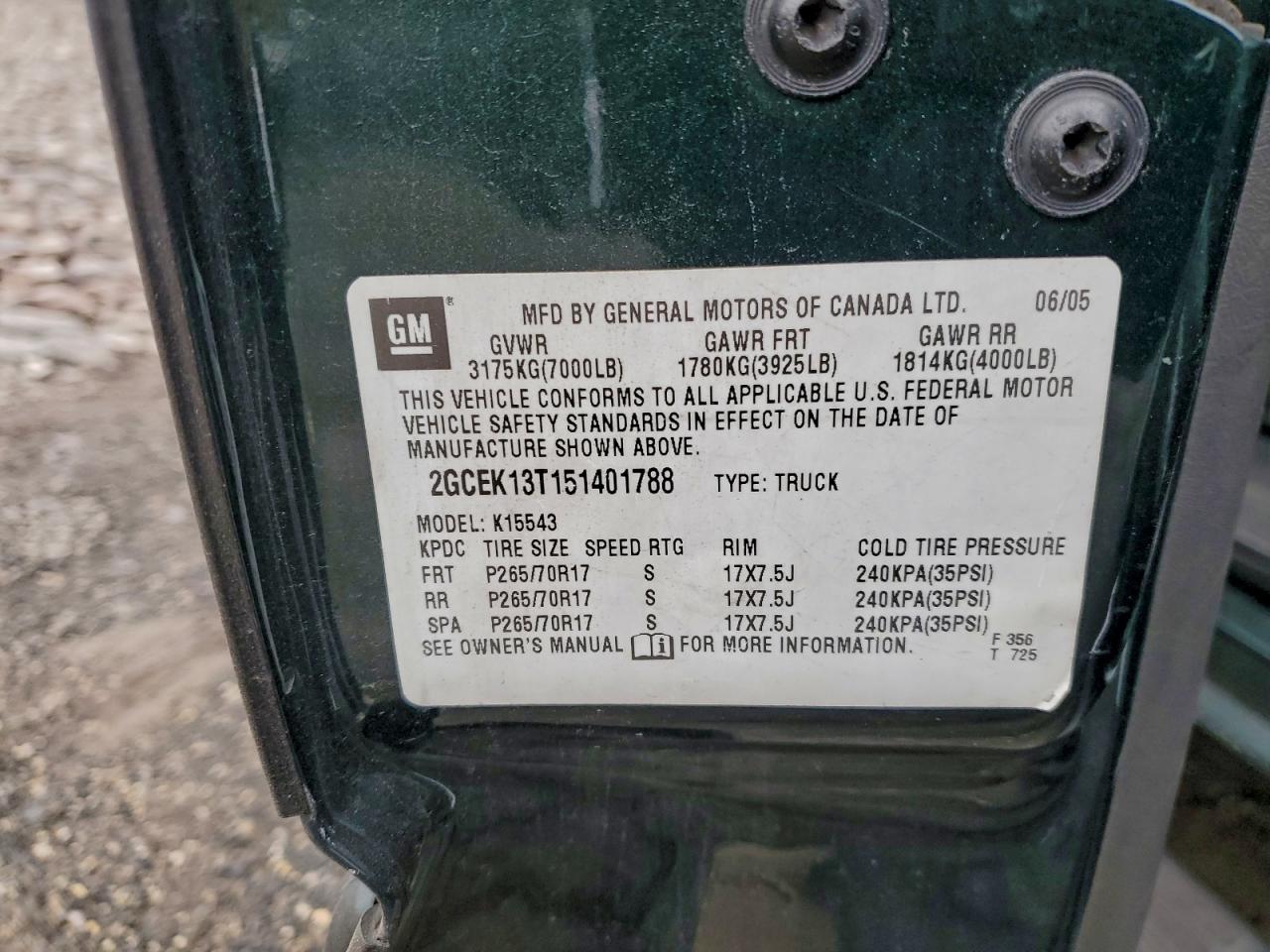 2005 Chevrolet Silverado K1500 VIN: 2GCEK13T151401788 Lot: 95985285