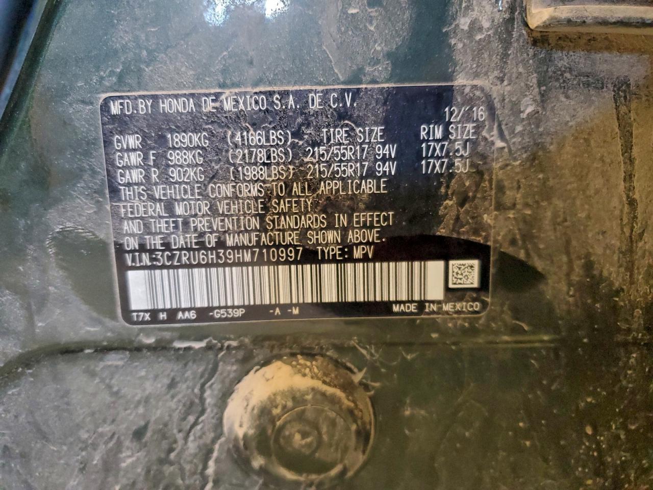 2017 Honda Hr-V Lx VIN: 3CZRU6H39HM710997 Lot: 95094895
