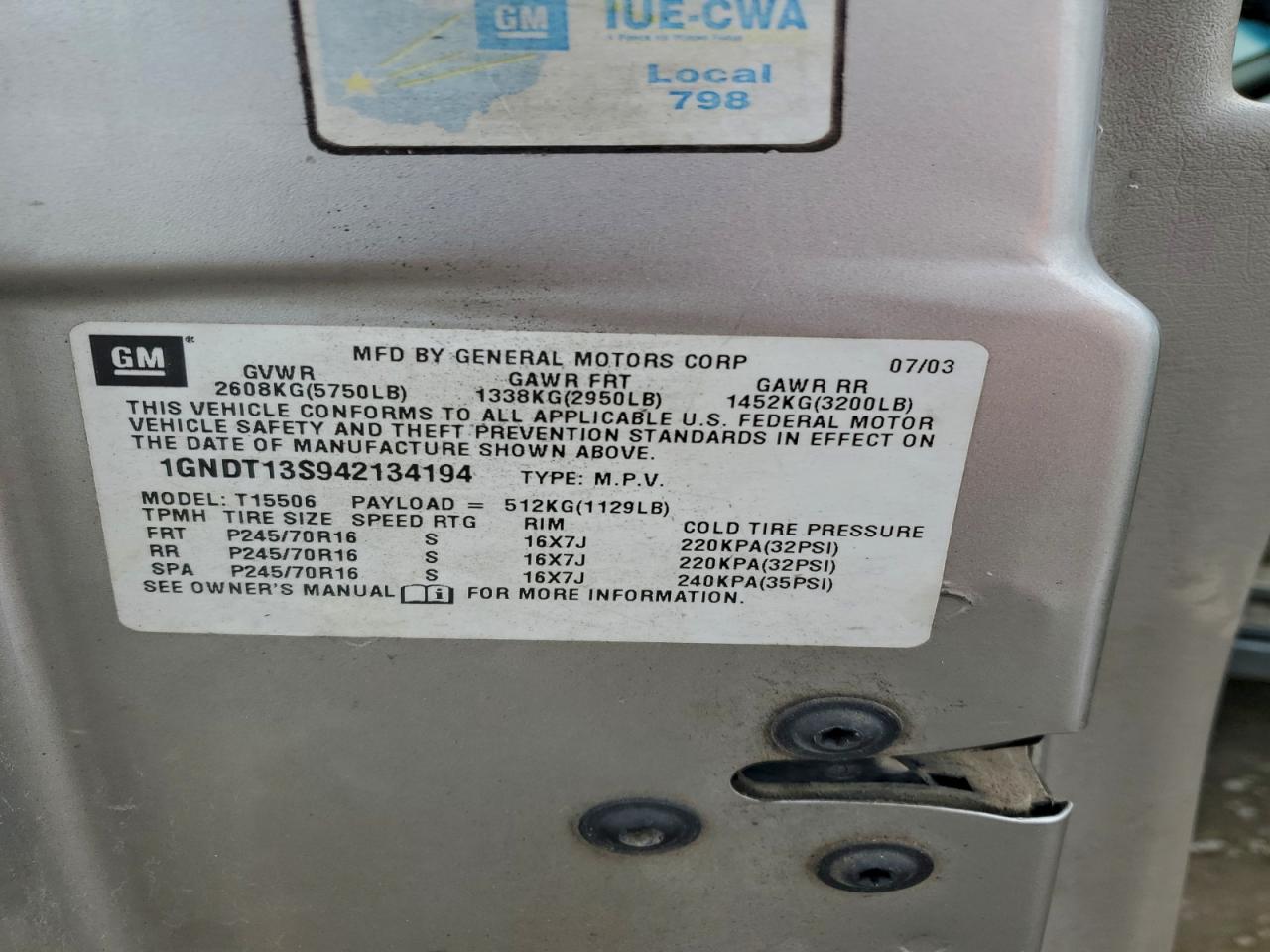 2004 Chevrolet Trailblazer Ls VIN: 1GNDT13S942134194 Lot: 96140885