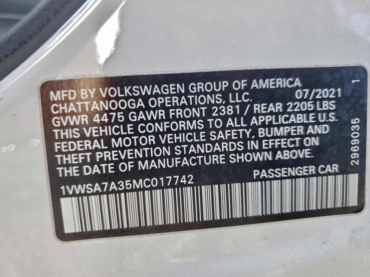 2021 Volkswagen Passat Se VIN: 1VWSA7A35MC017742 Lot: 97533505