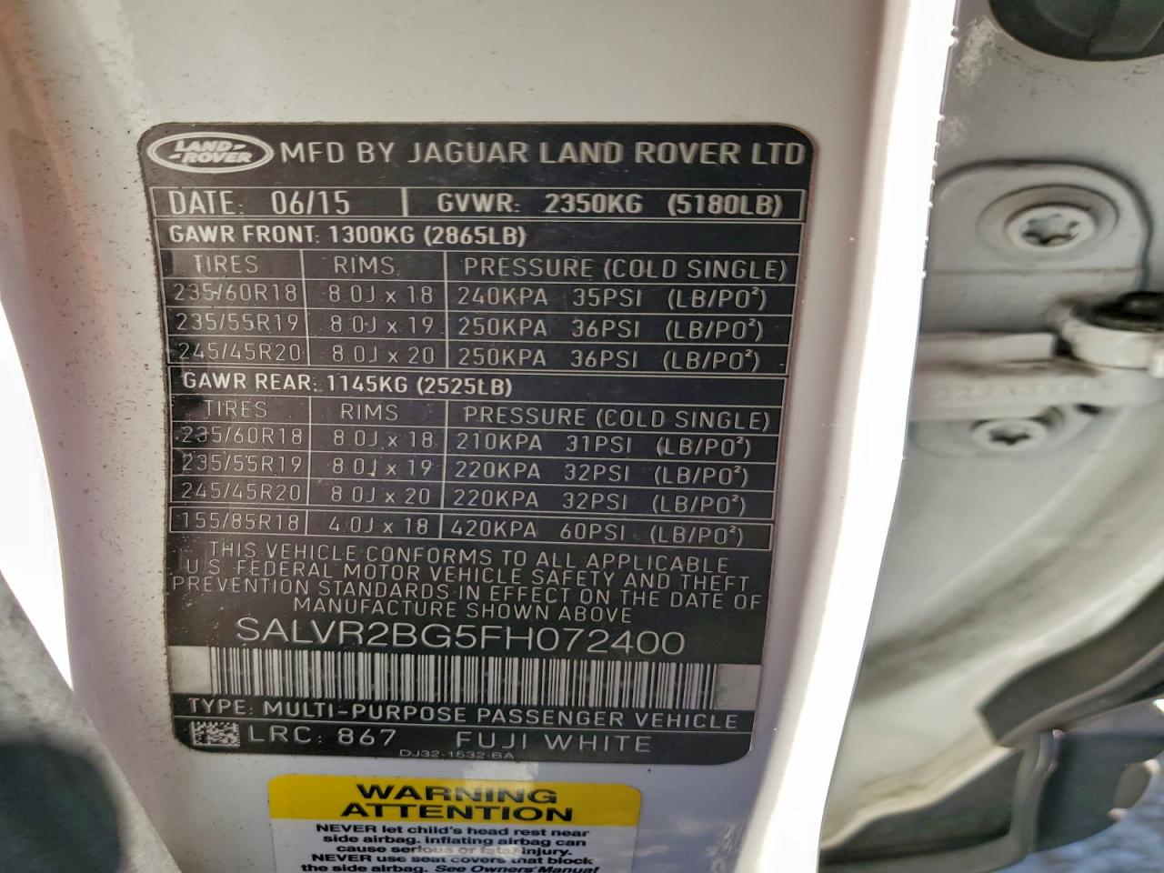 2015 Land Rover Range Rover Evoque Pure Premium VIN: SALVR2BG5FH072400 Lot: 95441205