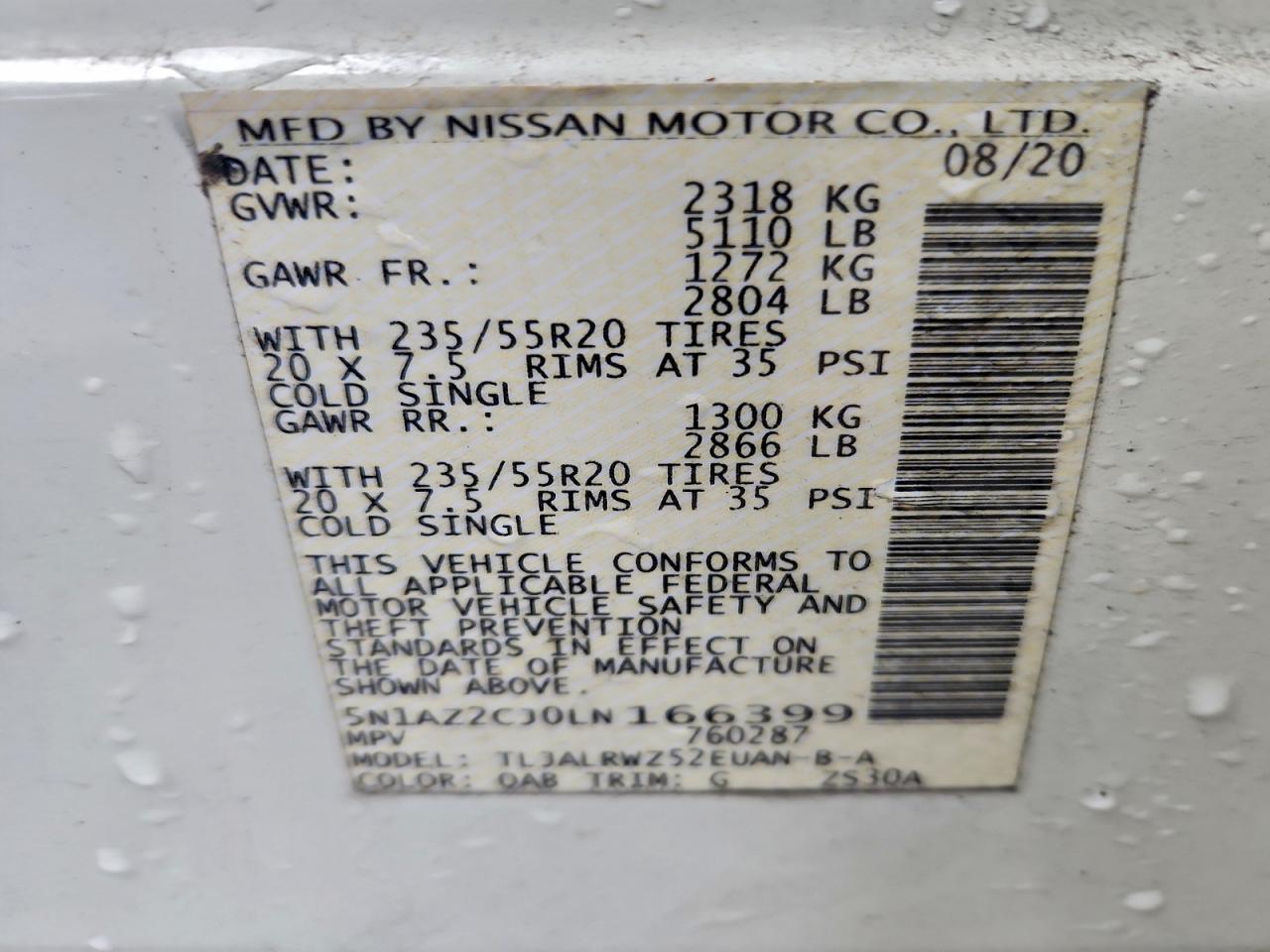 2020 Nissan Murano Sl VIN: 5N1AZ2CJ0LN166399 Lot: 93985145