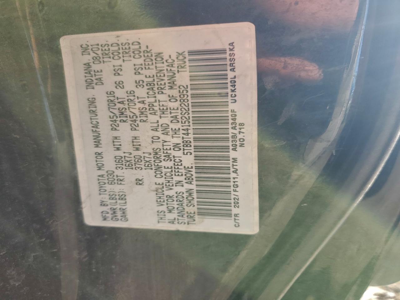 2002 Toyota Tundra Access Cab VIN: 5TBBT44152S228952 Lot: 95561925