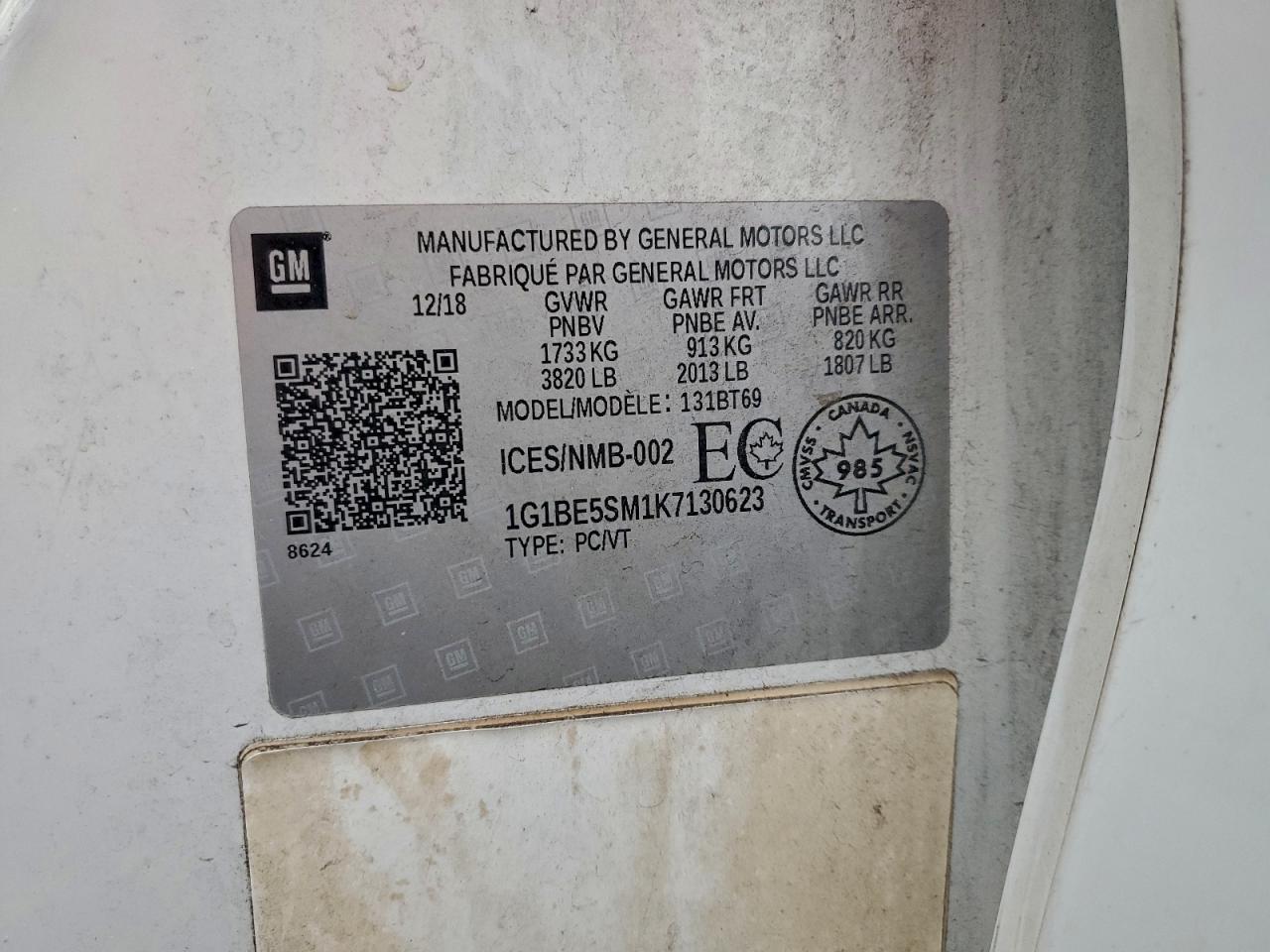 2019 Chevrolet Cruze Lt VIN: 1G1BE5SM1K7130623 Lot: 95026965