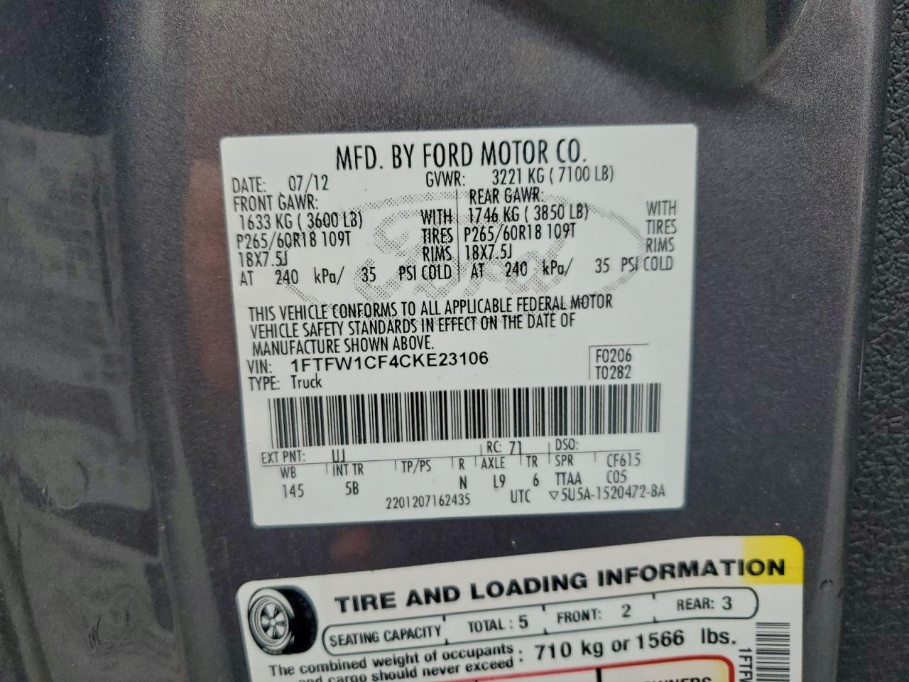 2012 Ford F150 Supercrew VIN: 1FTFW1CF4CKE23106 Lot: 98084805