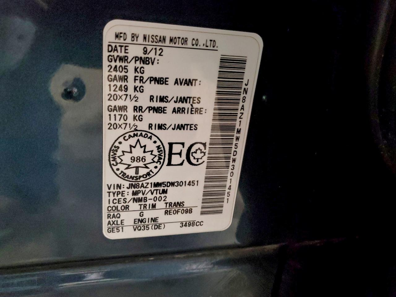 2013 Nissan Murano S VIN: JN8AZ1MW5DW301451 Lot: 93429555