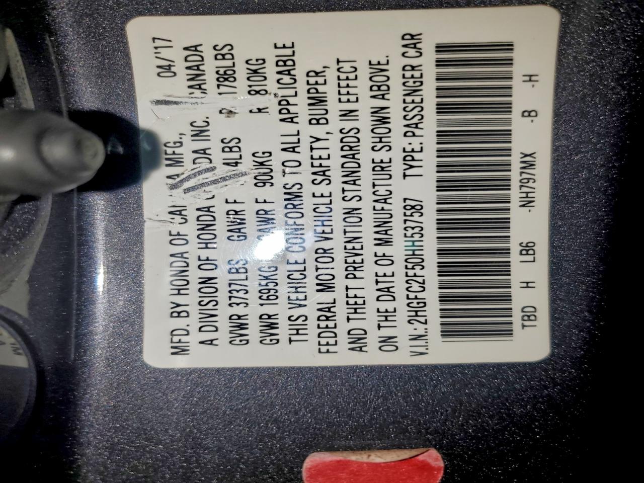 2017 Honda Civic Lx VIN: 2HGFC2F50HH537587 Lot: 85441695