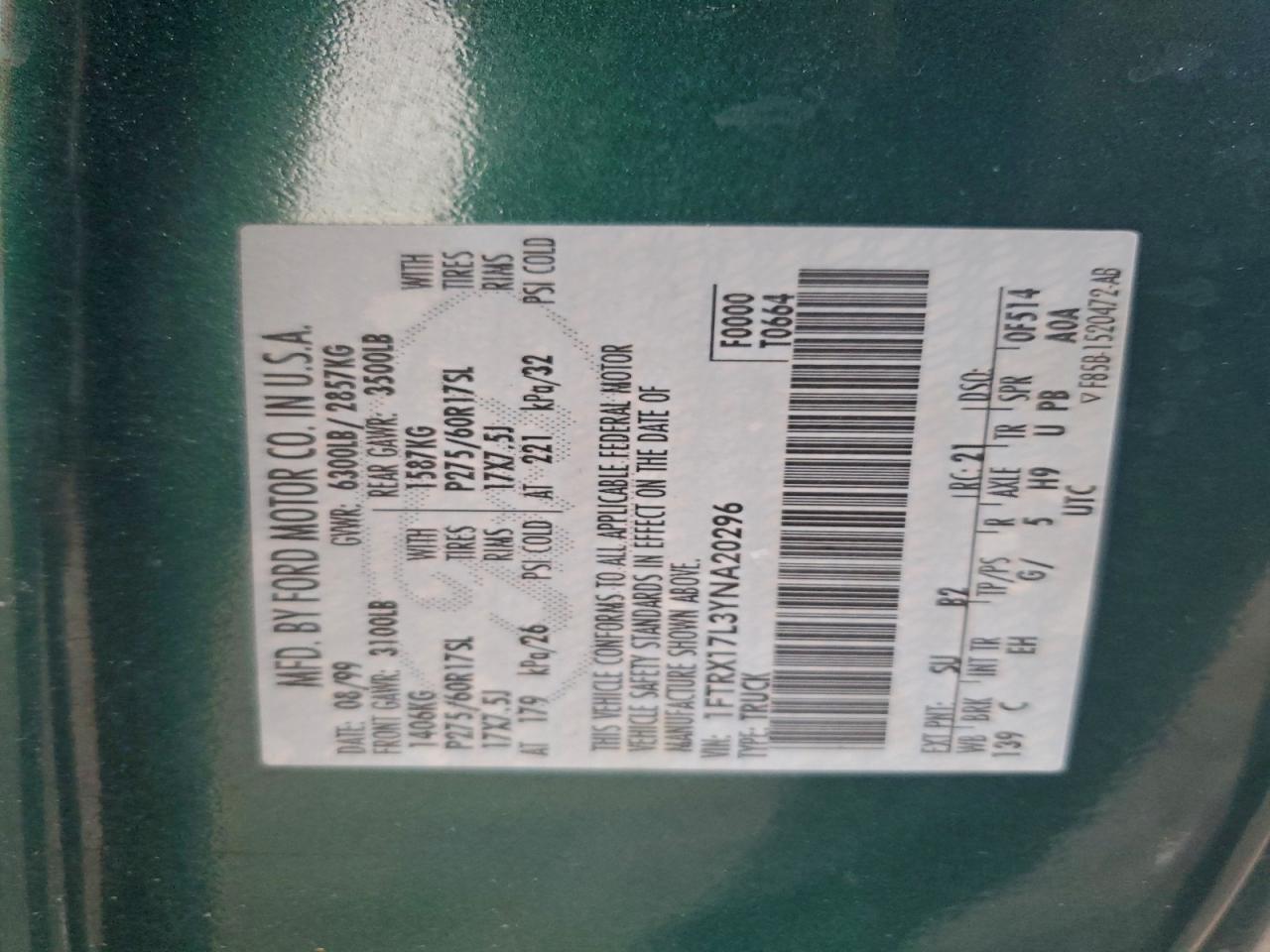 2000 Ford F150 VIN: 1FTRX17L3YNA20296 Lot: 92928985