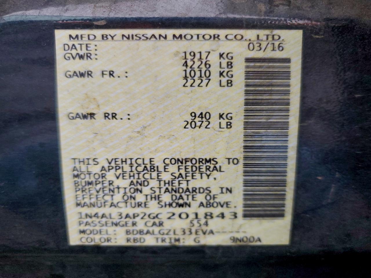 2016 Nissan Altima 2.5 VIN: 1N4AL3AP2GC201843 Lot: 97449265