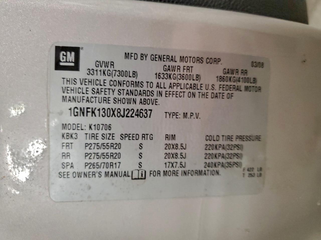 2008 Chevrolet Tahoe K1500 VIN: 1GNFK130X8J224637 Lot: 94715275